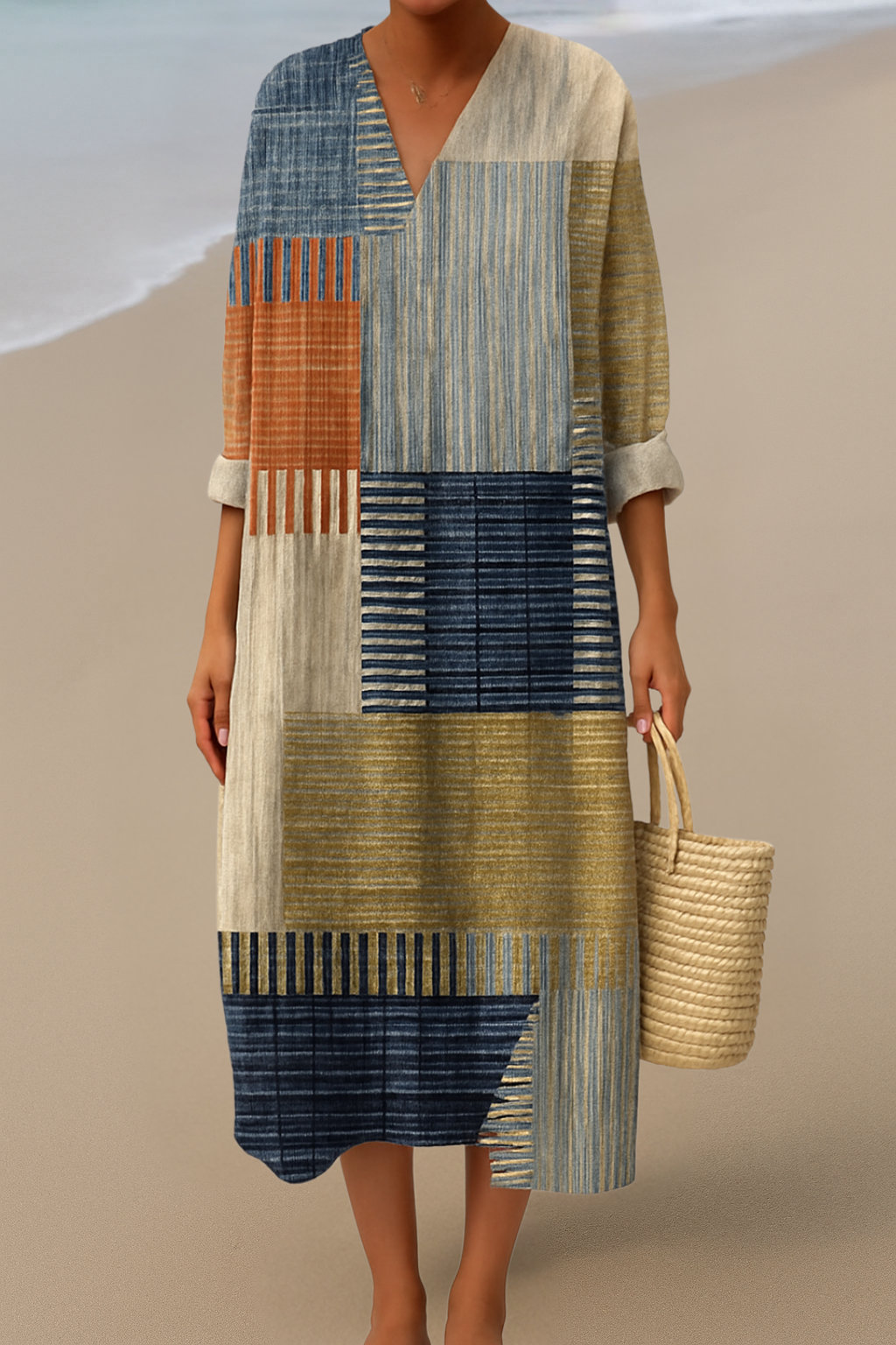 Sofie| Robe maxi avec motif patchwork – Couleurs naturelles pour un look bohème