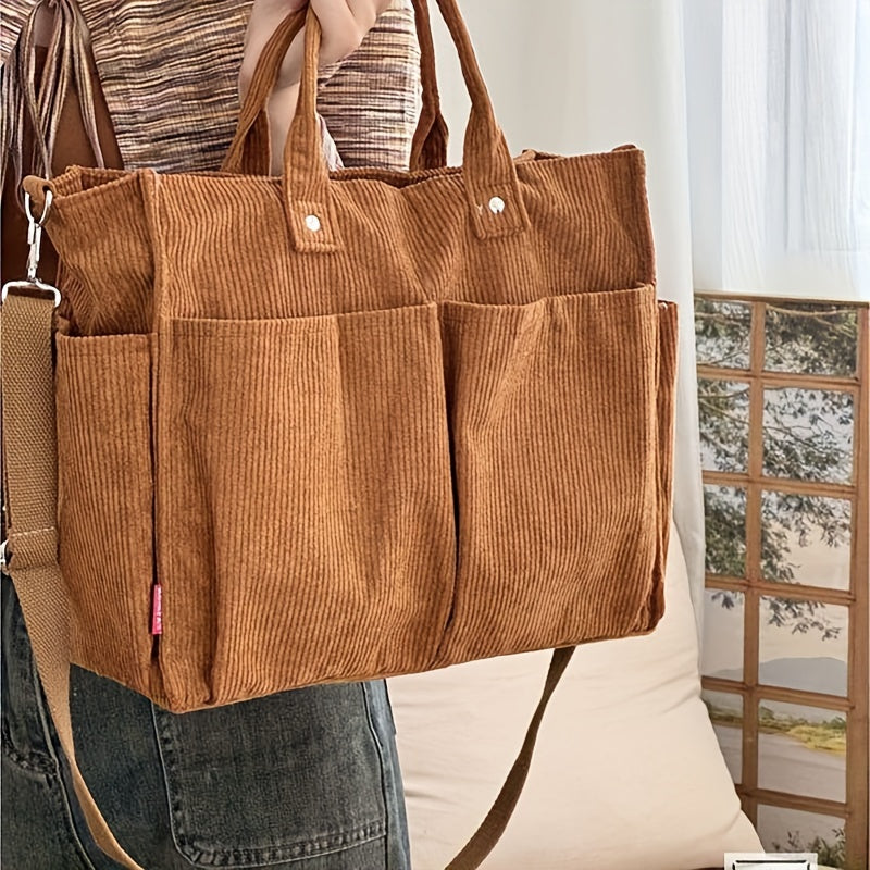 Sac Tote en Velours Côtelé avec Poches