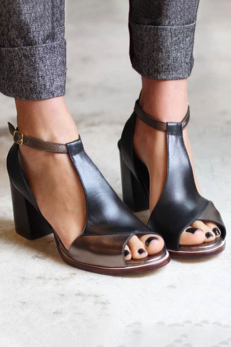 Anyao™ Sandales Élégantes à Talons et Bout Ouvert en Patchwork Noir – Parfaites pour Toutes les Occasions