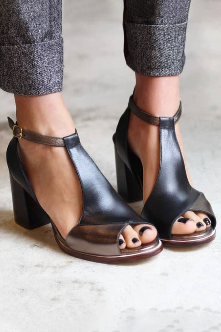 Anyao™ Sandales Élégantes à Talons et Bout Ouvert en Patchwork Noir – Parfaites pour Toutes les Occasions