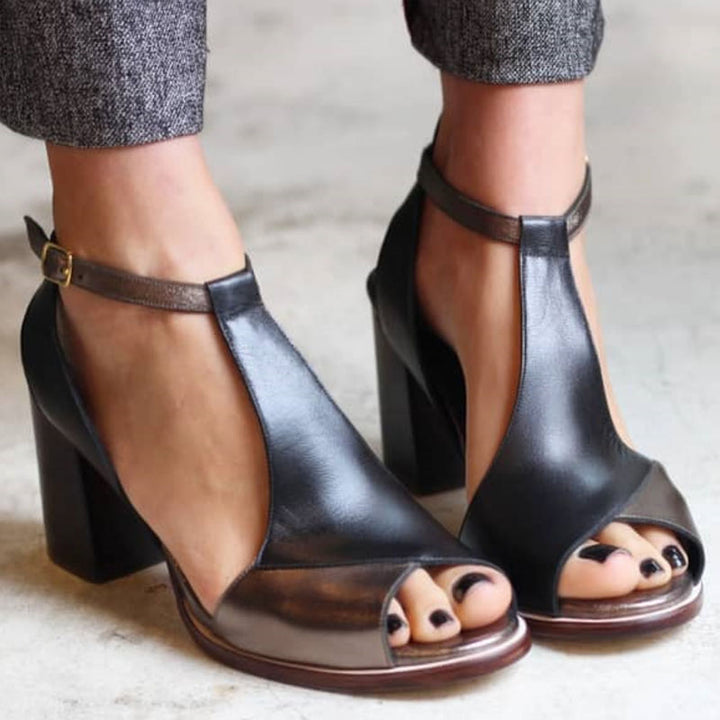 Anyao™ Sandales Élégantes à Talons et Bout Ouvert en Patchwork Noir – Parfaites pour Toutes les Occasions